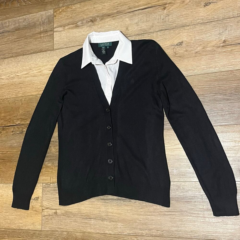 Lauren Ralph Lauren Cashmere Silk Cardigan Sweater Women's M Black Preppy Luxury - Picture 3 of 7